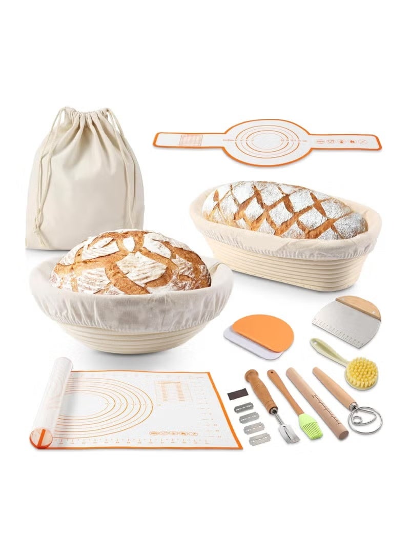 Sourdough Starter Kit, Sourdough Baking Supplies with 2 Upgrade rattan Bread Proofing Baskets, with Bread Lame, Danish Whish, Bowl Scraper, Sourdough Scraper, and Linen Liners - Image 1